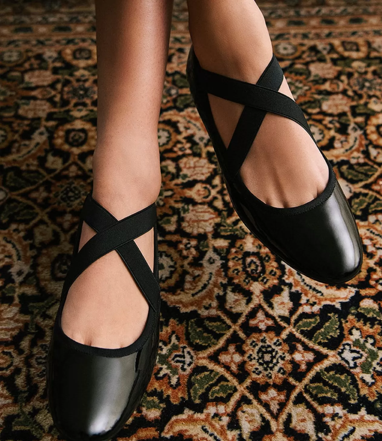 Edward Meller Ballet Flats<Felicity Elastic Cross Strap Ballet In Black Patent