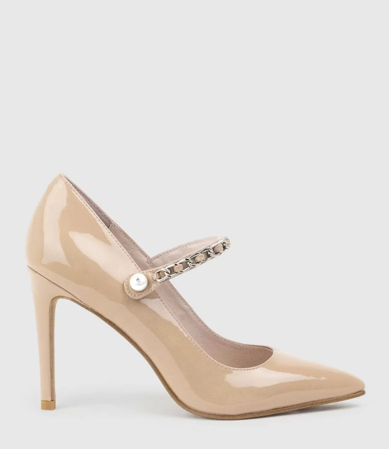 Edward Meller High Heel<Goldie100 Pointed Pump With Chain In Nude Patent