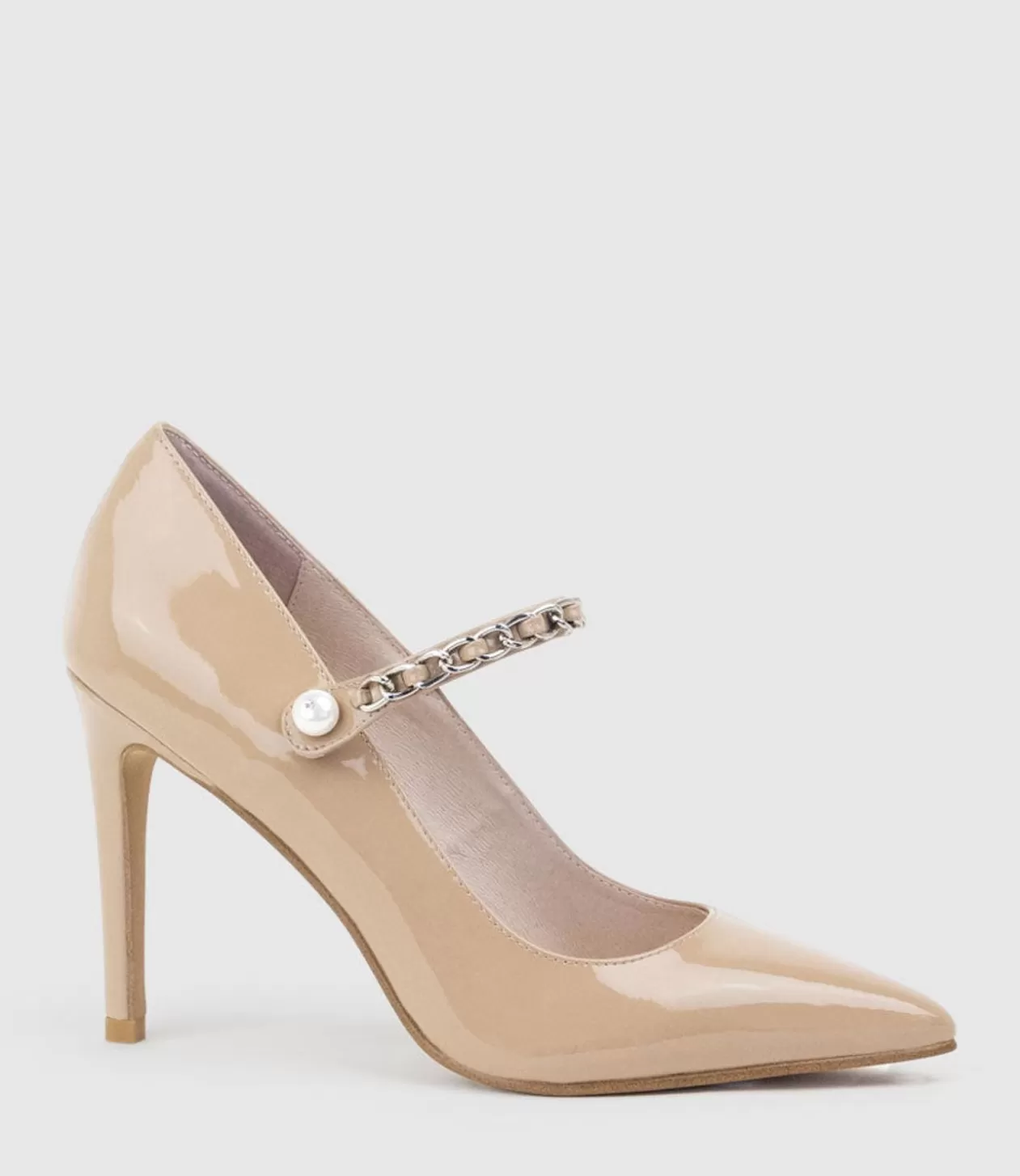 Edward Meller High Heel<Goldie100 Pointed Pump With Chain In Nude Patent