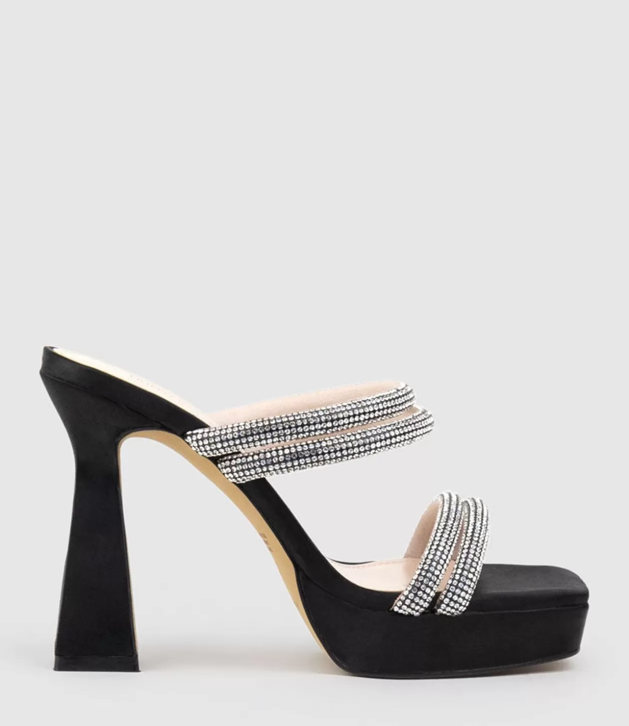 Edward Meller High Heel Sandals<Isla110 Diamante Mulitband Platform Slide In Black Satin