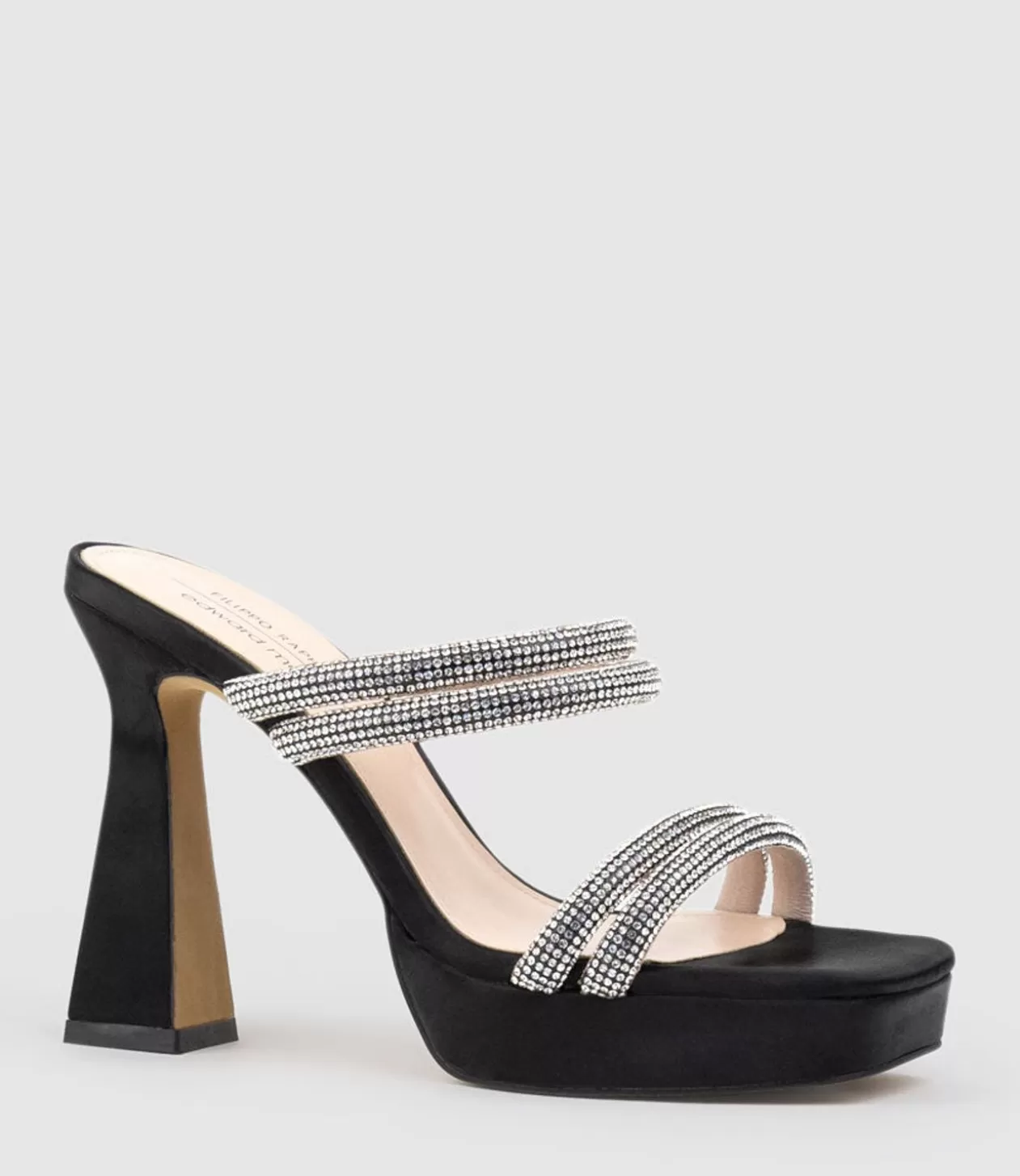 Edward Meller High Heel Sandals<Isla110 Diamante Mulitband Platform Slide In Black Satin