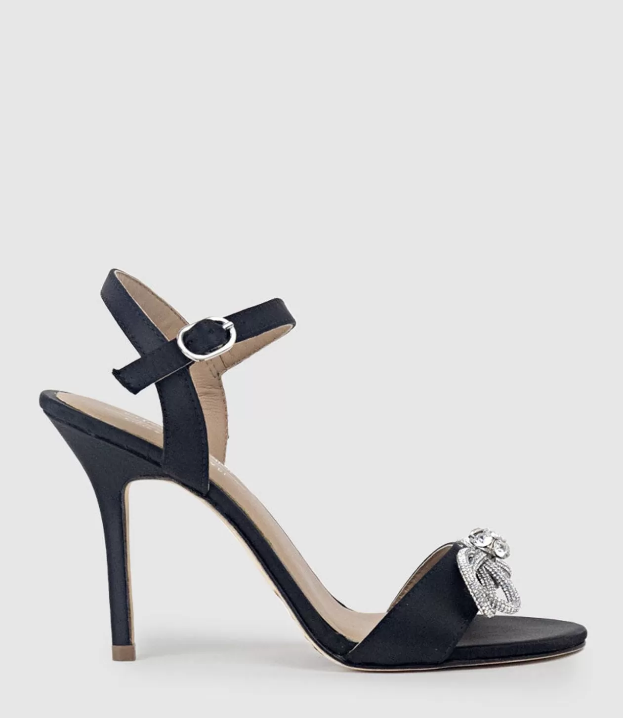 Edward Meller High Heel Sandals<Serene100 Sandal With Crystal Bow In Black Satin