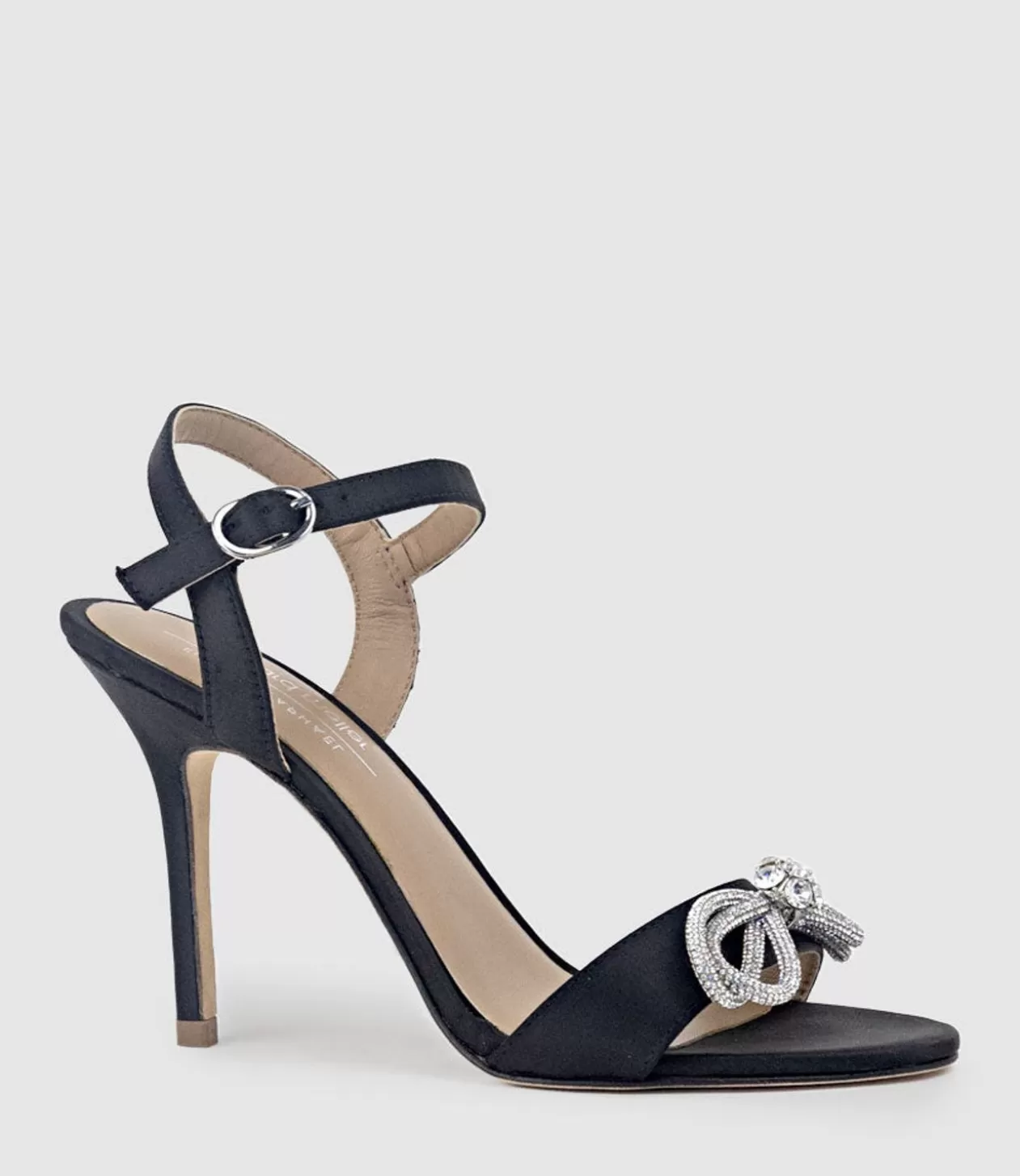 Edward Meller High Heel Sandals<Serene100 Sandal With Crystal Bow In Black Satin